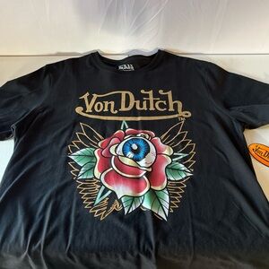 Von Dutch Black Tee with Rose and Eye Design